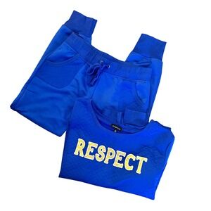 Rampage Quilted Lounge Set Blue "RESPECT" Sweatshirt & Joggers Size M